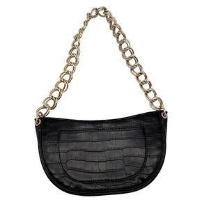 Zara Black Faux Croc Embossed Baguette Shoulder Bag Gold Chunky Chain Link Strap